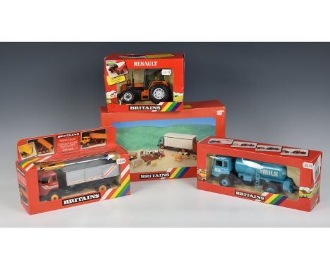 A boxed Britains 1/32 Farm 9522 Renault Tractor 1980s, with engine sound (NM, box G, front dented); a 9631 Animal Transporter
