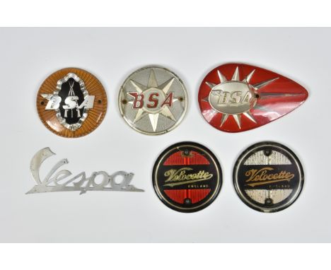 Vintage motorcycle interest - A small collection of various BSA and Velocette tank badges together with Vespa lettering. (6) 