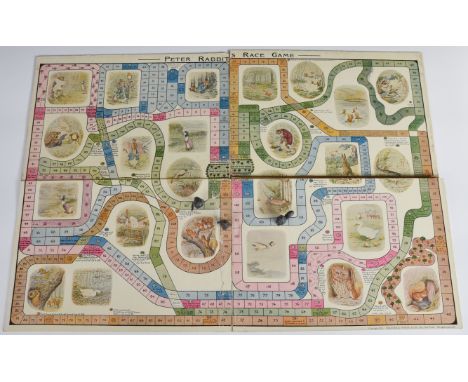 Peter Rabbit’s Race Game, circa 1921 comprising a playing board with four original lead playing pieces including Jeremy Fishe