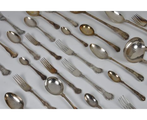 A suite of silver plate Kings pattern flatware by W. R. Humphreys &amp; Co, to include fish servers, to stuffing/basting spoo