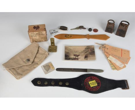 Vintage Postal related collectables to include a silver Guernsey Post Office S.C. 1961-62 shield badge; Guernsey Post Office 