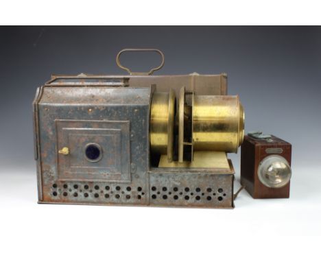 A 19th century brass and tinplate magic lanternby W H Humphries &amp; Co, patent No 2459, in original tin carrying box, toget