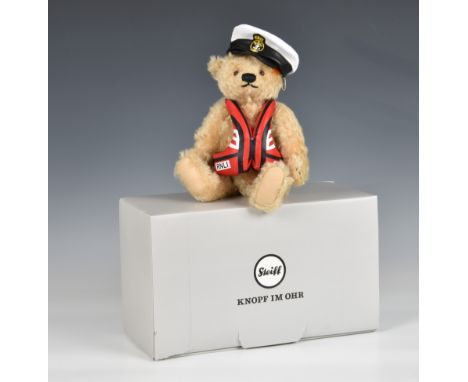 Steiff lifeboat crew teddy bear light-brown mohair, design inspired by the Royal National Lifeboat Institution. Wearing lifej