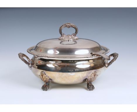 A Mappin &amp; Webb 'Mappin Plate' oval George III style soup tureen and cover with gadroon, shell and foliate borders, folia