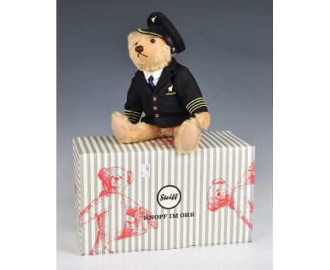 Steiff/Danbury Mint teddy bear Concorde Pilot golden mohair, bear with jacket, shirt, tie and cap. Steiff button on ear. Join