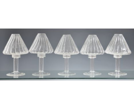 Five blown glass hurricane candle lamps probably second half 20th century, approx 24cm. high, the wrythen shades detachable. 