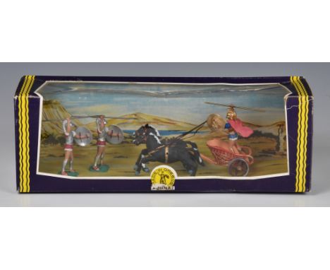Vintage Toy -  Aohna blister box with plastic Greek soldiers and two-horse chariot. 