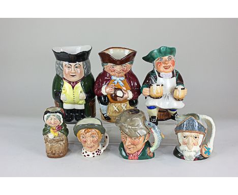 Seven Toby and character jugs, Royal Doulton Toby XX, Don Quixote, The Poacher, and two others, a musical jug playing Thorens