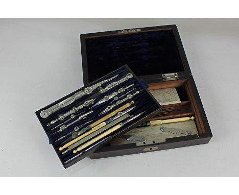 A wooden cased matched drawing set, including tools by Stanley and Baker, 21cm wide