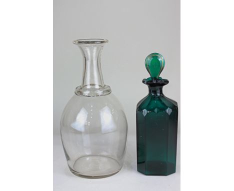 A 19th century Bristol green glass decanter, the stopper with faint gilt border and 'R' initial, together with a French clear