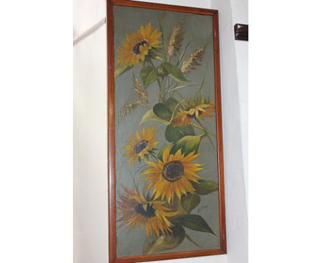 G R Edney (Victorian School) Study of sunflowers, oil on panel, signed and dated 1896, 64cm by 28cm