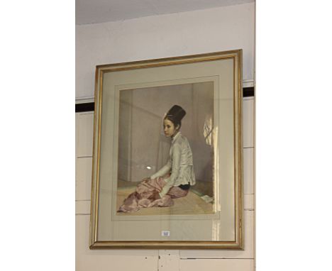 A large colour print of a seated woman in pink silk skirt, 60cm by 47cm