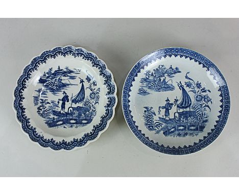 A late 18th century Worcester porcelain dish depicting a fisherman and a cormorant, together with a dish in the same pattern 