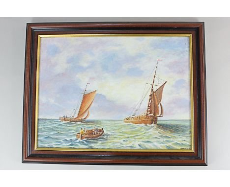 R Hancock (20th century) figures in a rowing boat with sailing ships in seascape, oil on board, signed, 29cm by 39cm