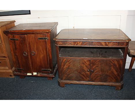 A reproduction mahogany side cabinet, rectangular cut corner top above open shelf and cupboard, 69cm, together with a rustic 