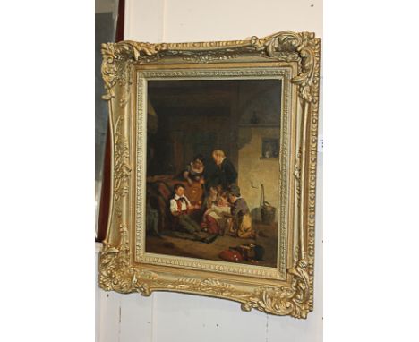 19th century school, interior scene with couple and children playing, oil on board, unsigned, 34cm by 27.5cm