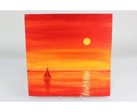 Robert Moore (contemporary), sailing boat on calm waters, at sunset, in vivid colours, oil on panel, verso signed with label 