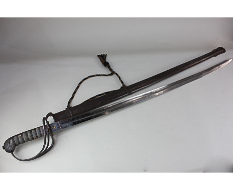 A Victorian light cavalry officers sword, the blade engraved with crowned VR cipher, and scrolling designs, in metal scabbard