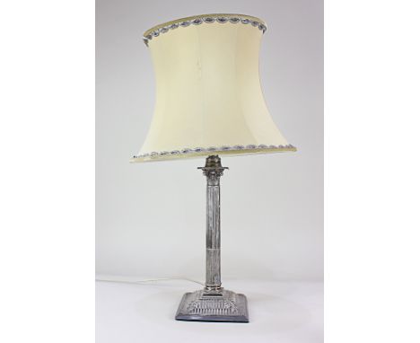 A silver plated column candlestick, now as a table lamp, with acanthus leaf design, 38cm high