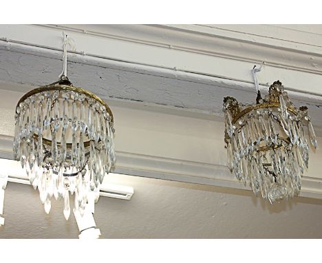 A brass and cut glass three tier chandelier light shade (a/f) together with a similar two tier chandelier light shade (a/f) 2