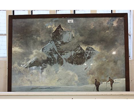 Ernst Platz (20th century) figures in an alpine view, coloured print, label to reverse inscribed 'Das Matterhorn' glass damag