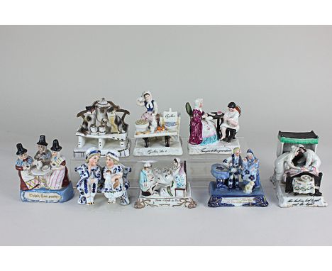 A collection of eight porcelain fairings including Welsh Tea party, Can you do this Grandma?, The last in bed to put out the 