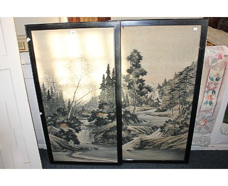 A pair of Japanese needlework tapestry pictures depicting a river winding through trees and buildings, and a waterfall, frame