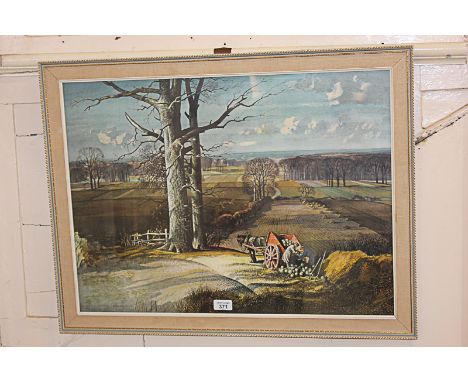After Rowland Hilder, view across fields, figures beside a horse and cart in the foreground, 'Morning Sunshine', colour print