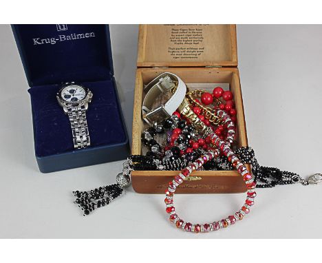 A collection of costume jewellery including a Pandora bracelet, and a Krug-Baumen chronograph wristwatch