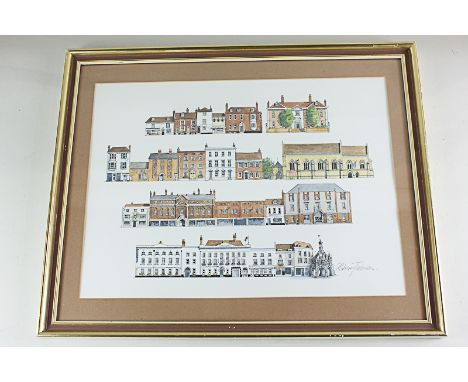 Robert Tedman (20th century) West Street Chichester, coloured print composed as four rows of buildings including the Cross an