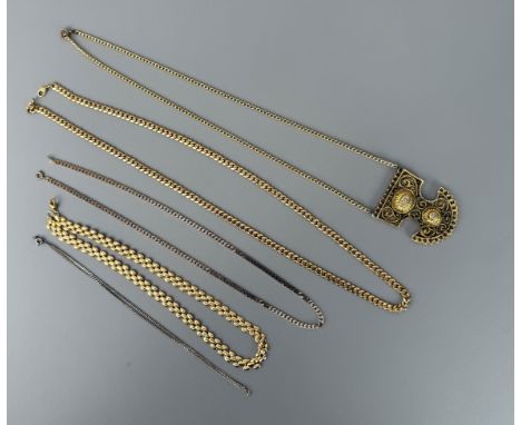 A small group of silver and gold plated necklaces - comprising a sterling silver curb link chain, 40.5cm long; three gold pla