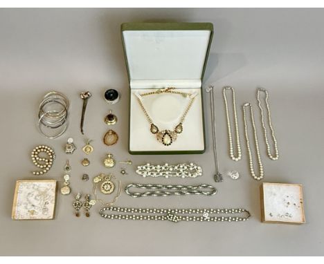 A collection of costume jewellery - including a boxed Swarovski pendant; three modern gold plated fob watches; various faux-p