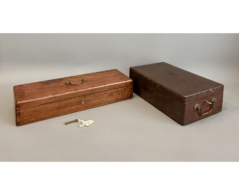 Two antique desk / workshop boxes - comprising an early 19th century mahogany deed box, with gilt brass swing handle, the int