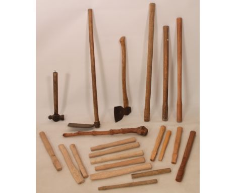 Three hand tools and seventeen tool handles -  1. a ball-pein coal-hammer (40.5 cm); 2. a short axe (60 cm); 3. a short hoe (
