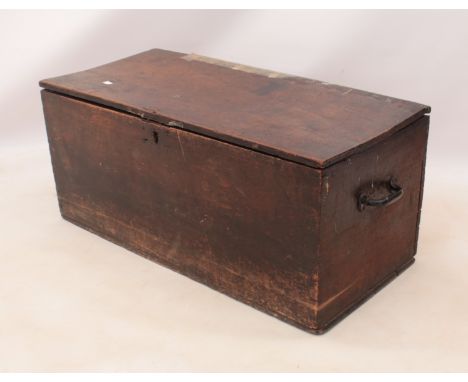 A 19th century stained teak trunk for restoration - with later steel handles to sides. (LWH 90 x 43 x 40cm)