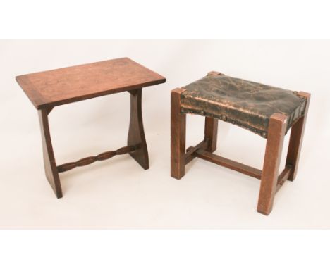 An oak drinks table and an oak stool with dark green leather seat - the table LWH 47.5 x 33 x 42.5cm. (2)