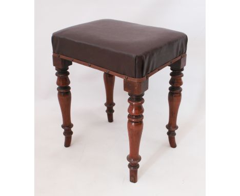 A Victorian walnut stool - with a dark brown vinyl covered seat on baluster turned legs with splayed feet. (LWH 41.5 x 34.5 x