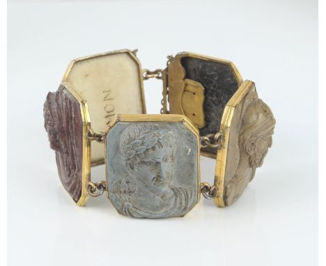A 19th century grand tour rolled gold and lava cameo bracelet - the five octagonal portrait cameos in polychrome lava composi