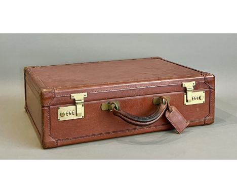 A vintage tan leather hard shell briefcase or attach&eacute; case by Tanner Krolle for Harrods - with top handle, combination