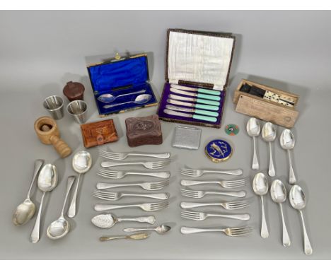 A box of collectables - including a small quantity of Old English pattern EPNS flatware; a cased set of bone and ebony domino
