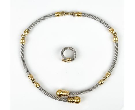 A two-tone designer necklace and ring - with stamped 'SP' maker's monogram, in rolled gold and steel wire, with lobster claw 