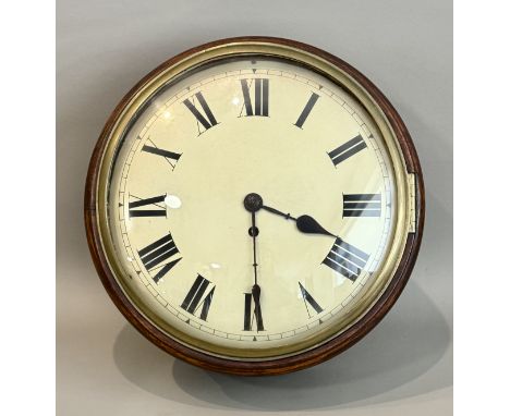 A late 19th century mahogany school clock - with a (restored) painted Roman dial and single fusee movement, 36.8cm diameter.