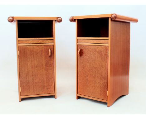 A pair of fine quality bespoke fiddle back Makore mahogany and burr vavona wood bedside cabinets - in the Art Deco style, by 