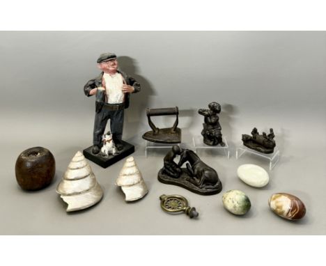 A box of collectables - including a bronzed spelter figure of a seated putto playing a flute; 11.3cm high; two modern cold ca