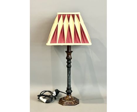 A Laura Ashley Home bronzed metal candlestick lamp - with octagonal base and spiral reeded column, with a pale gold and clare