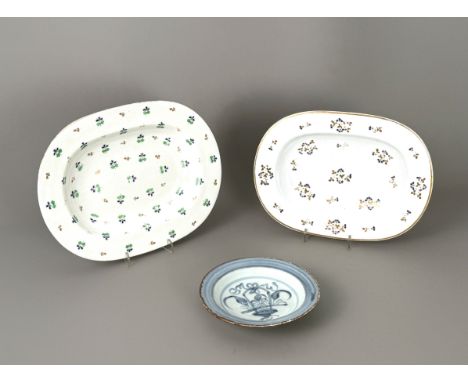 Two early 19th century Derby dishes - marks to base, cornflower sprigged decoration, the larger 27.5cm long; and a circular C