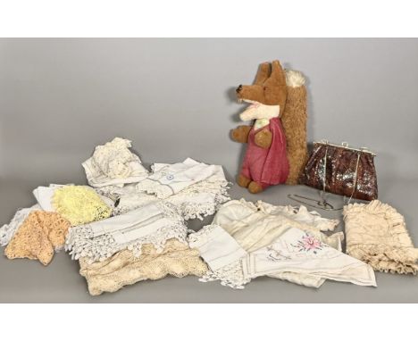 A small collection of vintage linen and lace - together with a 1970s Basil Brush soft toy, 37.5cm high; and a 1970s snakeskin