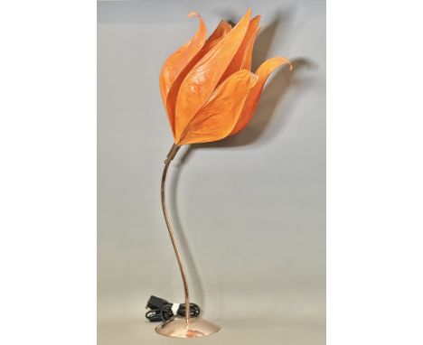 A contemporary Colin Chetwood copper floor lamp - the orange, papier-mache tulip shaped shade on a scrolled copper stem and d
