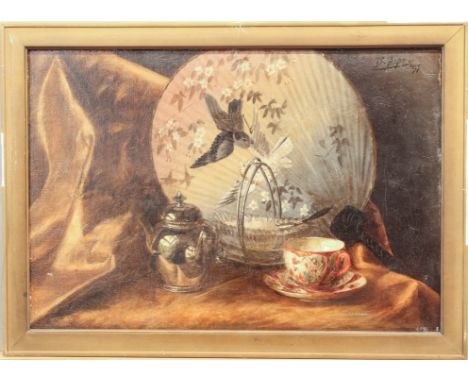 Bernardus Arps (Dutch, 1865-1938) Still life of a Japanese fan, a silver teapot, cup and saucer and sugar bowl on a tan cloth
