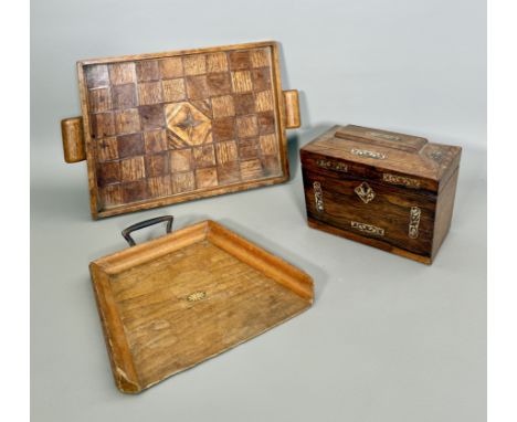 A mid-19th century inlaid rosewood tea caddy and two trays - the caddy of sarcophagus form, inlaid with mother of pearl (LWH 